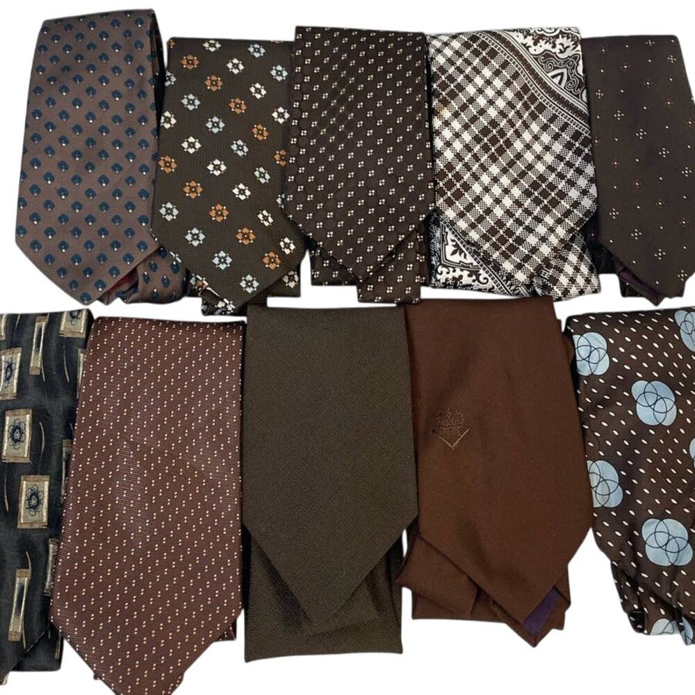 Lot of 10 Brown White Vintage & Modern Career Silk Polyester Necktie Ties